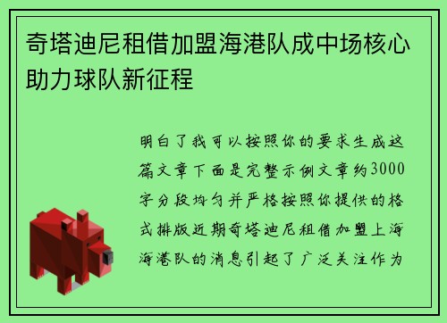 奇塔迪尼租借加盟海港队成中场核心助力球队新征程